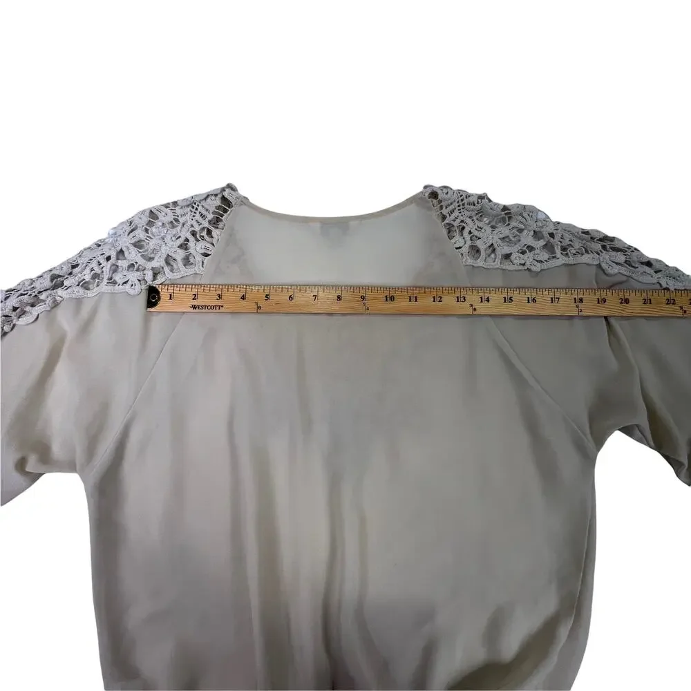 Charming Charlie Beige Semi Sheer Chiffon Crochet Lace Trimmed Blouse Top Small - Picture 8 of 12
